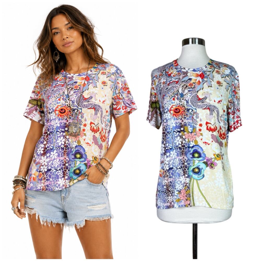 Johnny Was | Dragon Floral Mixed Print Short Sleeve Jersey Tee Multicolor Top XS